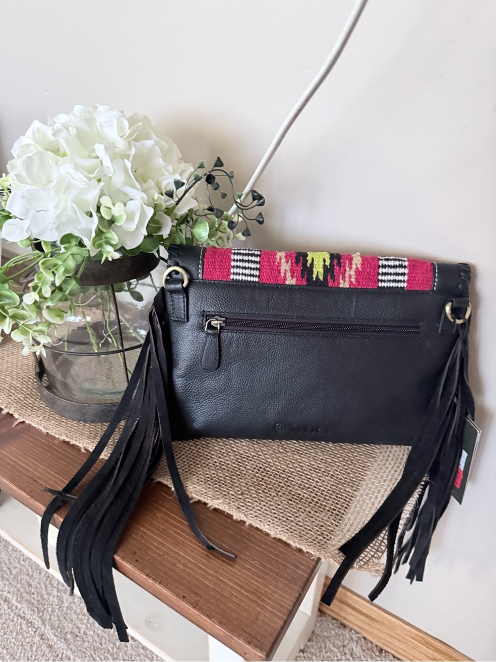 Myra Black Leather Fringe Crossbody/Cutch with Aztec Panel - NWT - Picture 3 of 16